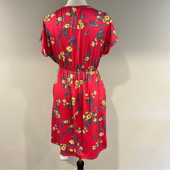 Floral bright pink fake Wrap short sleeve Dress size Small - Picture 7 of 13